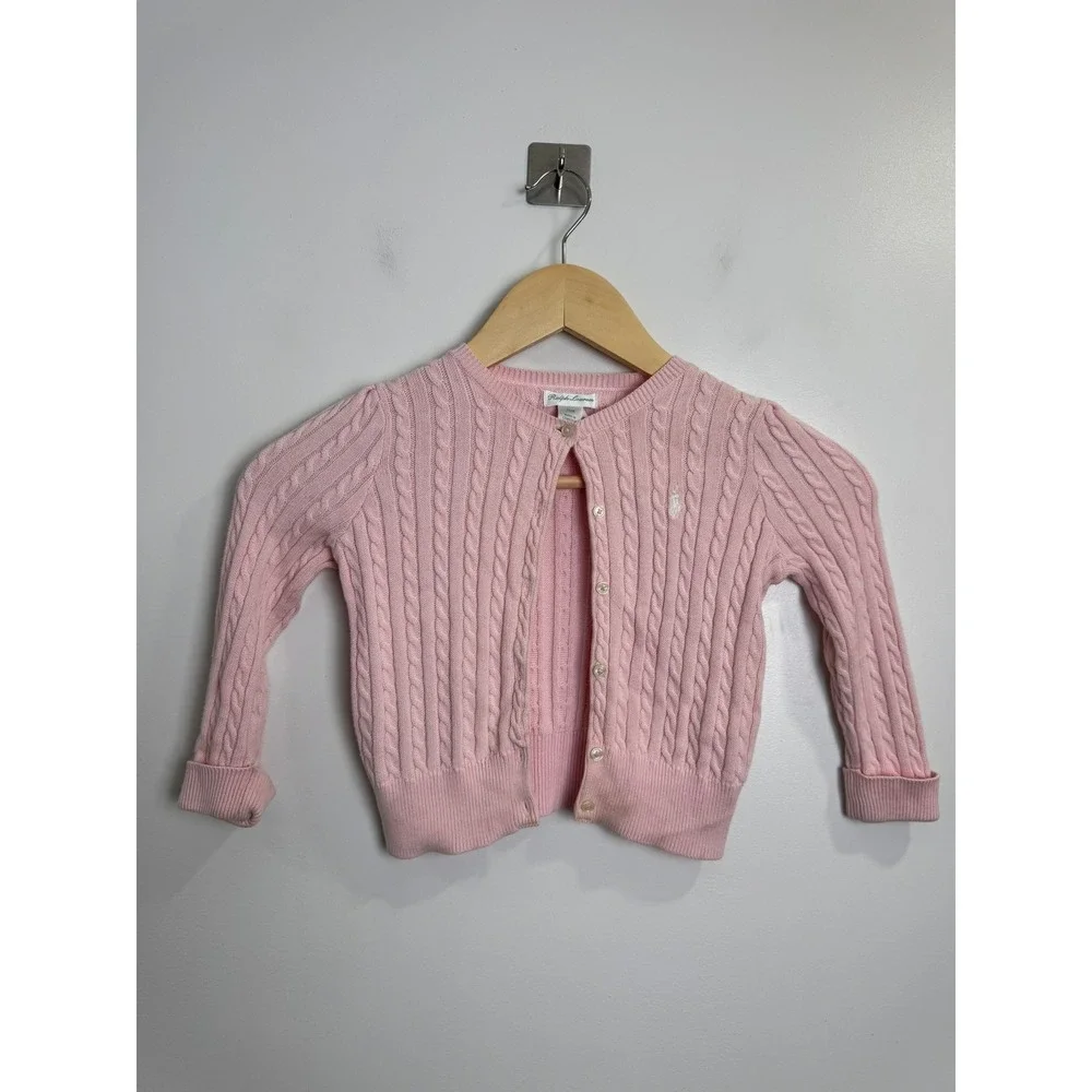 Ralph Lauren Toddler Girl Pink Cardigan Cable Knit Pony Logo Sweater 24M